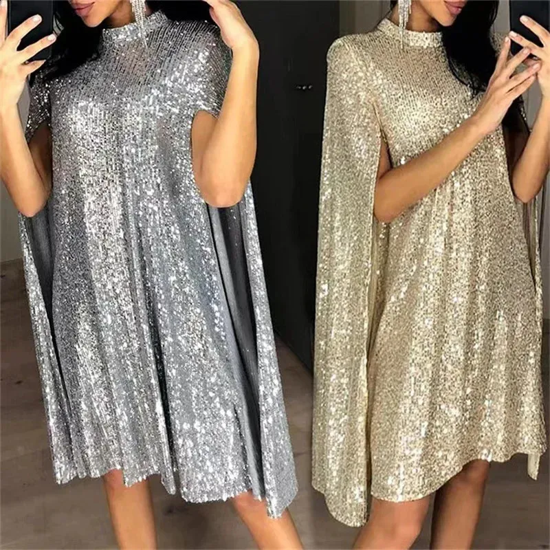 Sexy Party Cearyk Glitter Cloak Dress for Women Fashion Fashion Szyjka Zespół Projekt Długie rękawie luźne podzielone formalne rozsiane 240329