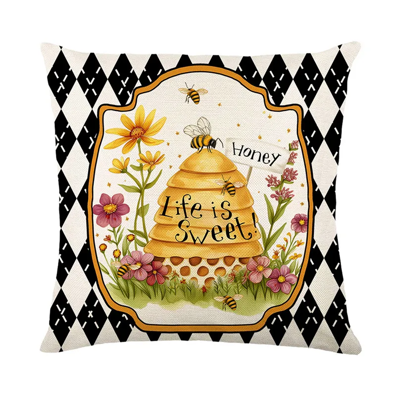 Bee Day Pillow Cover 18X18 Inches Linen Cushion Cover