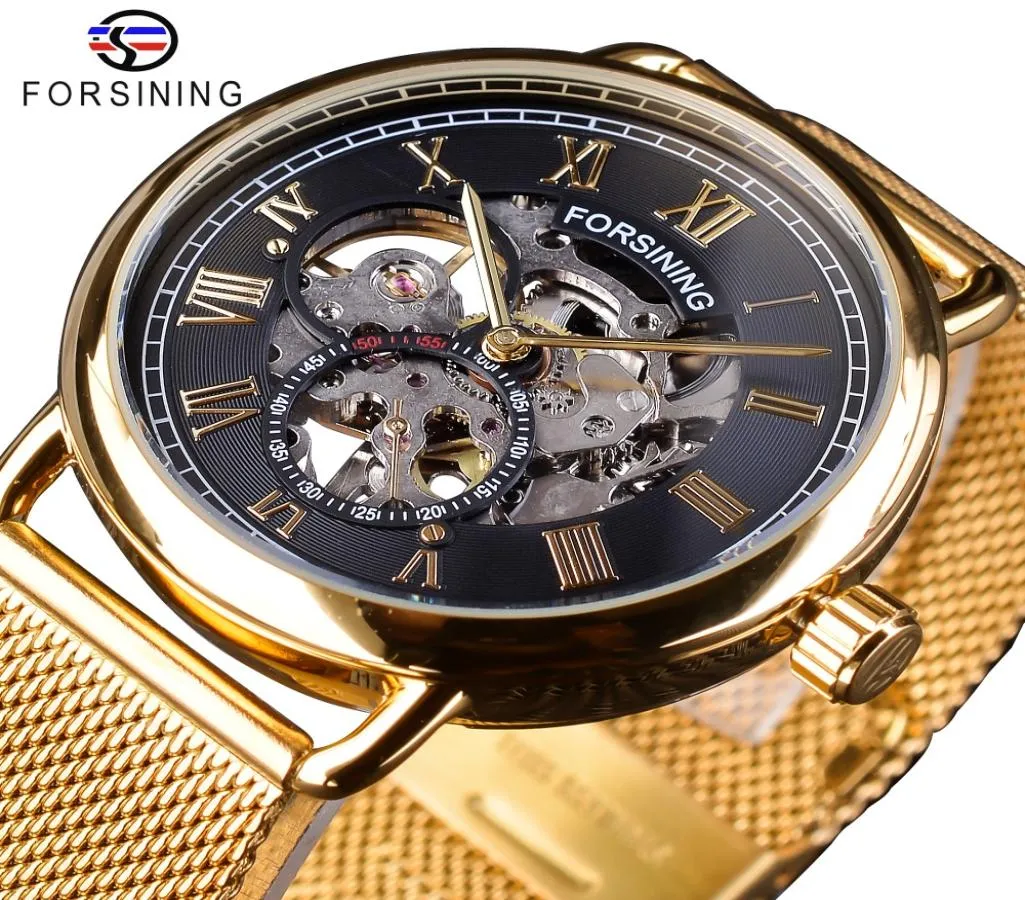 Forsining Classic Black Golden Skelet Clock Mesh Band Design Waterdichte Men039S Mechanische horloges Topmerk Luxe Montre HO2437006