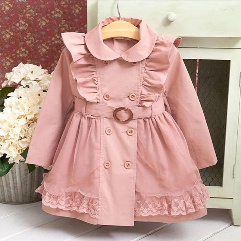 Jackets 3-12 jaar Girls Trench Coat Spring en herfst Lace Border Wind Breaker Outerwear Koreaanse stijl Kinderjas kinderen Kleding