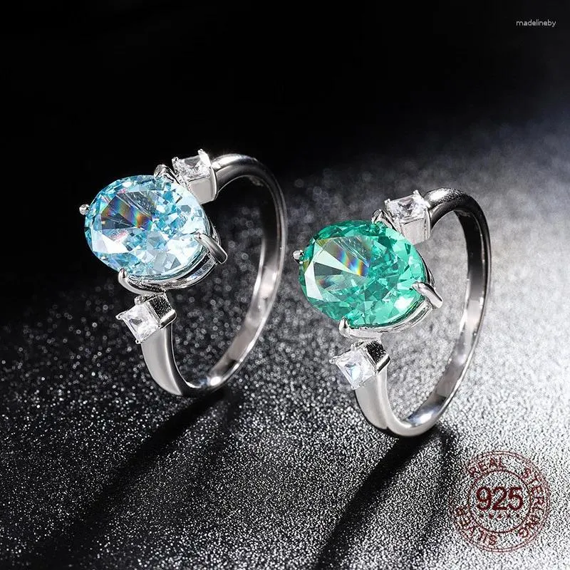 Cluster Rings 925 Sterling Silver Zircon Jewelry 8x10mm Egg Shape Green Aquamarine Color Crush Cut High Carbon Diamond Finger Ring