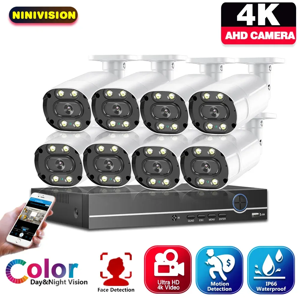 Системная лицо CCTV 8MP AHD DVR Home Camera System System 8CH Outdoor Full Color Night Vision Bullet Camera Sepullance