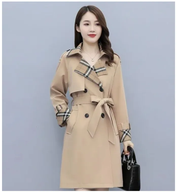 Save Big on Bulk Khaki Trench Coat Womens Designer Women's Trench Coat 2024  Fashion Luxury British Style Khaki Plaid Mid Length Belt Coat Best Deals 