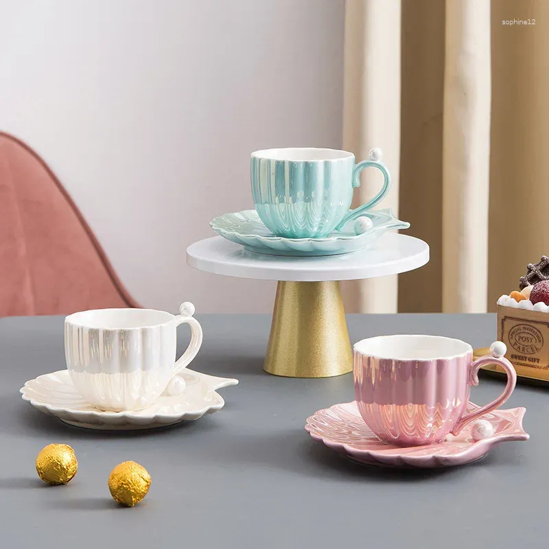 Tassen Koreanische Keramik Tasse Set Shell Kaffeetasse mit Gericht Haushalt Perlen Boutique Küche Lieferungen einfaches Stil Girl Geschenk