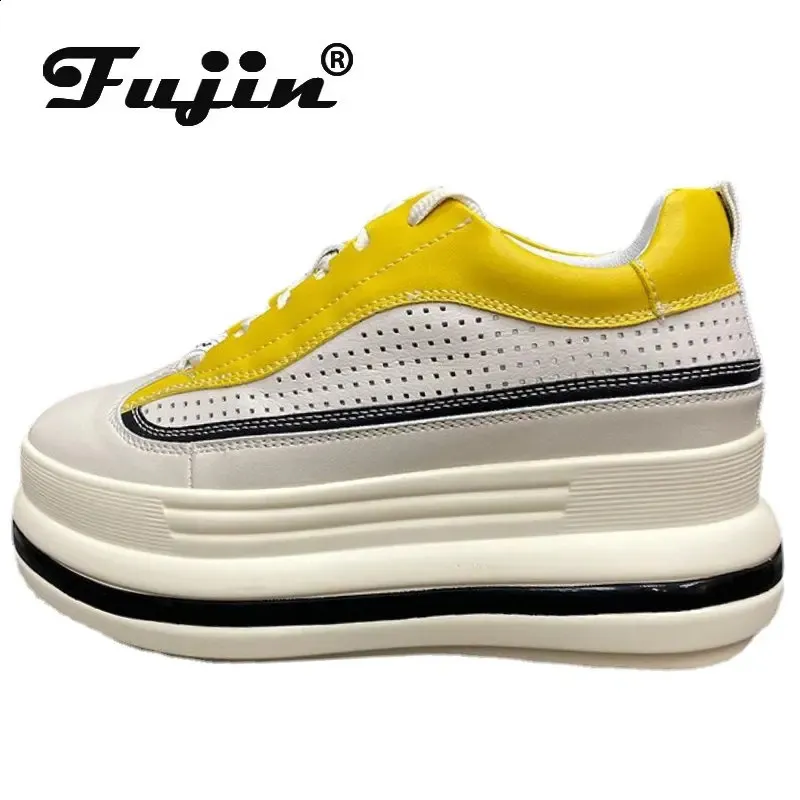 Fujin 7cm Genuine Leather Leisure Hidden Heel Breathable Hollow Summer Women Sandals Platform Wedge y Sneakers Vulcanize 240328