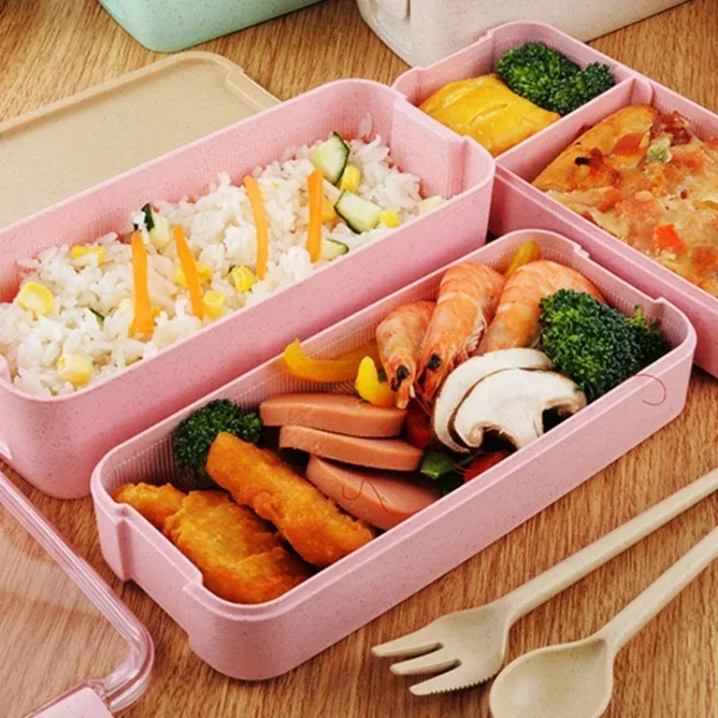 Hälsosamt material Lunchlåda 3 lager vete halm bento lådor mikrovågsugn servis matlagring container lunchlåda 900 ml