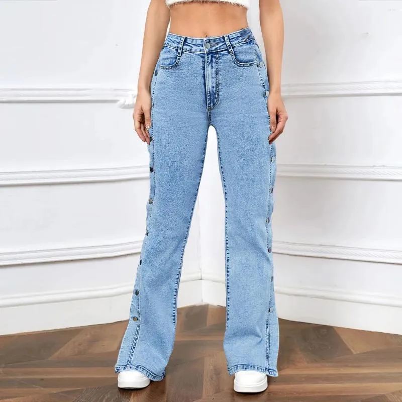 Jeans fashion streetwear blu per donne slit side fibbia decorazione slitta pantaloni dritti