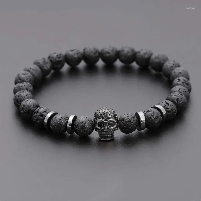 Strand Skull Black Skull Hematite Bracelet Men clássico de 8mm de lava de 8 mm de lava para presente de joalheria