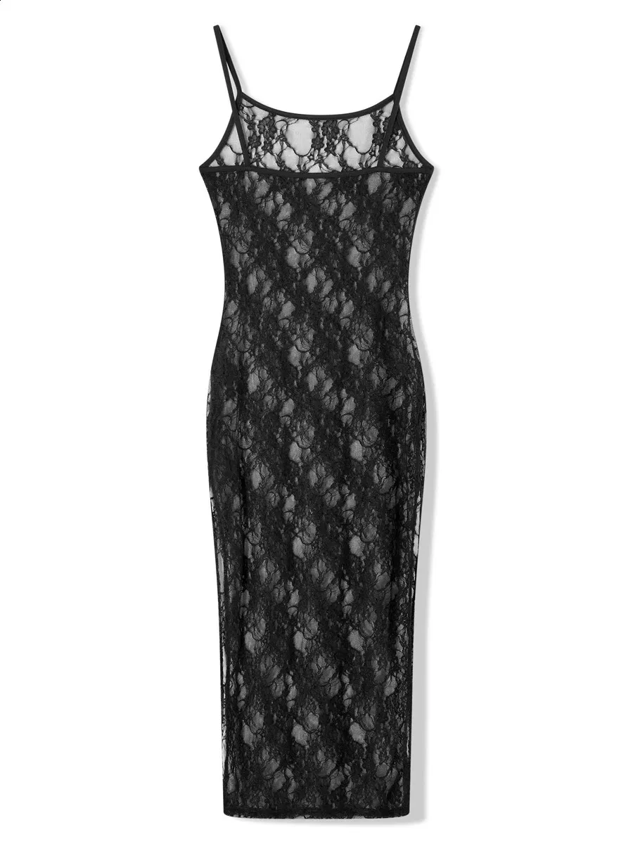 Mode spaghetti -riem doorziet door midi dres zwart sexy pure mesh kanten bloemenjurken chique y2k strand outfits vestidos 240402