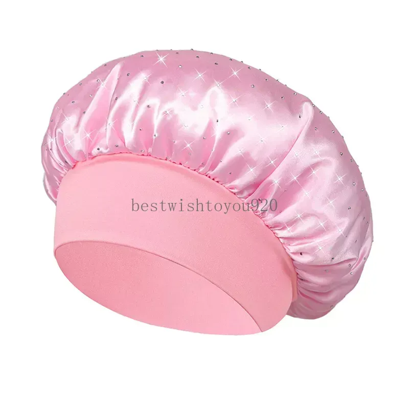 Solid Color Satin Wide Band Crystal Night Hat For Women Lady Elastic Sleep Caps Bonnet Hair Care Bath Fashion Accessories