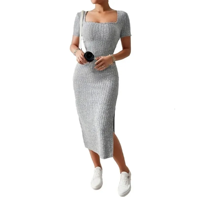 Versatile Knitted Seam ribbed midi dress with Square Neck, Hip Hugging, and Short Sleeves for Summer - 241212