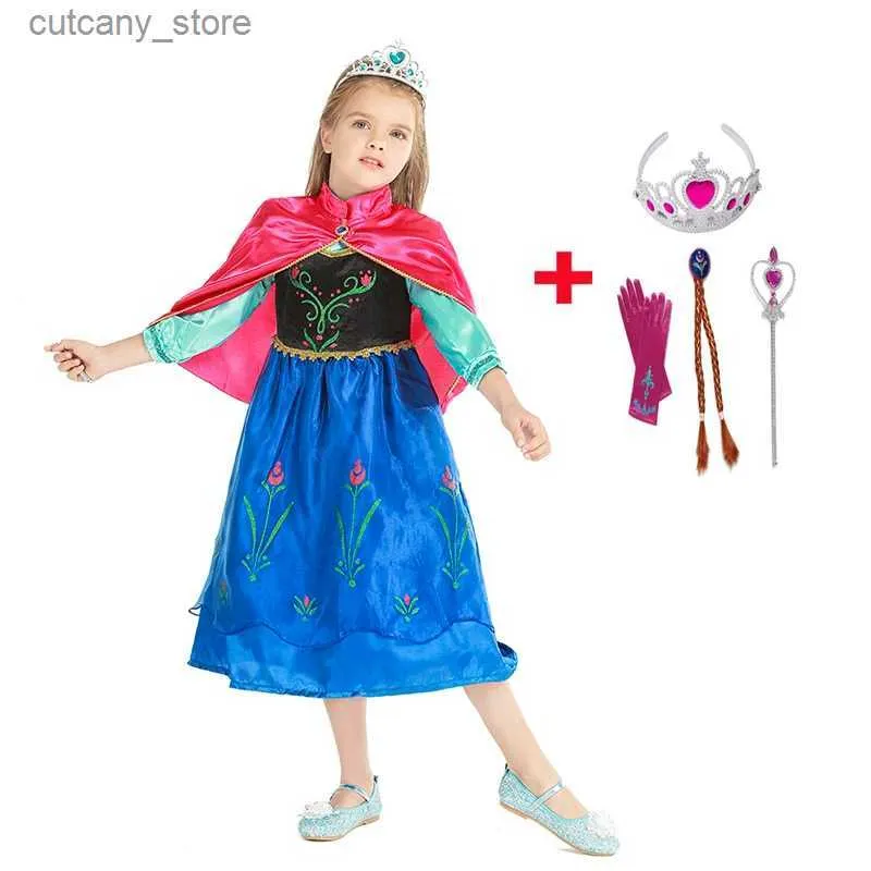 Abiti da ragazza Princess Anna Abito con abiti da mantello per la festa Floral Birthday Abito per bambini bambini Snowflake Halloween Costume L240402