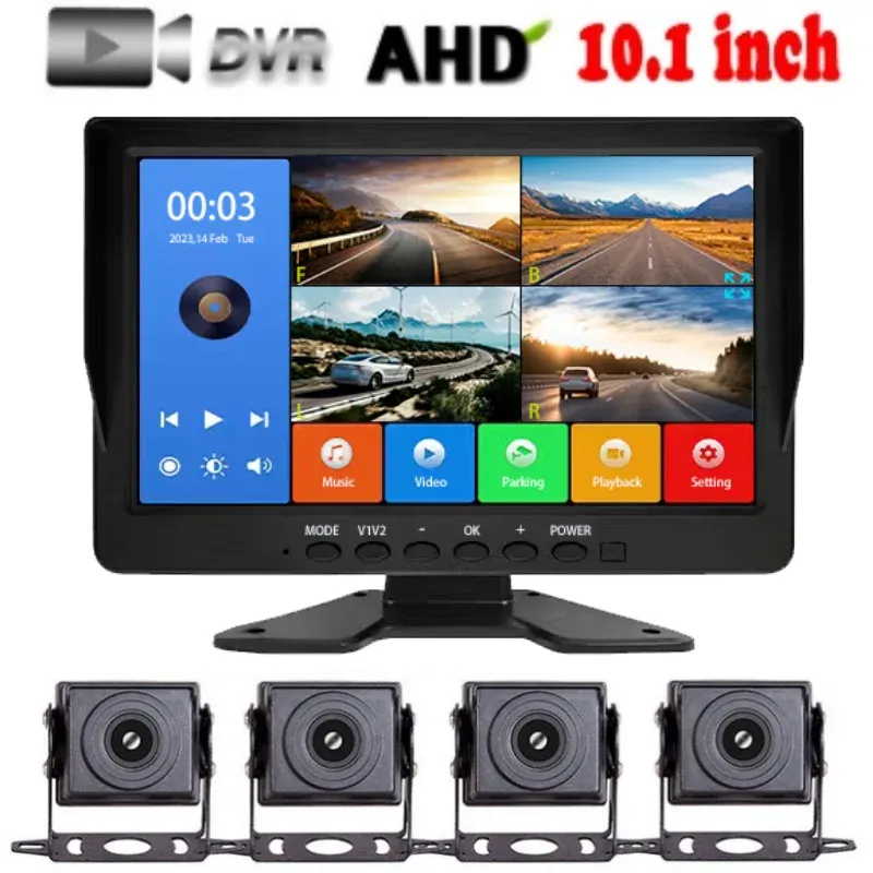 Câmeras de 10,1 polegadas de tela/rv/barramento/caminhão AHD Monitor System 1080p Veículo 4 canais CCTV Visão noturna Revertendo o gravador de estacionamento