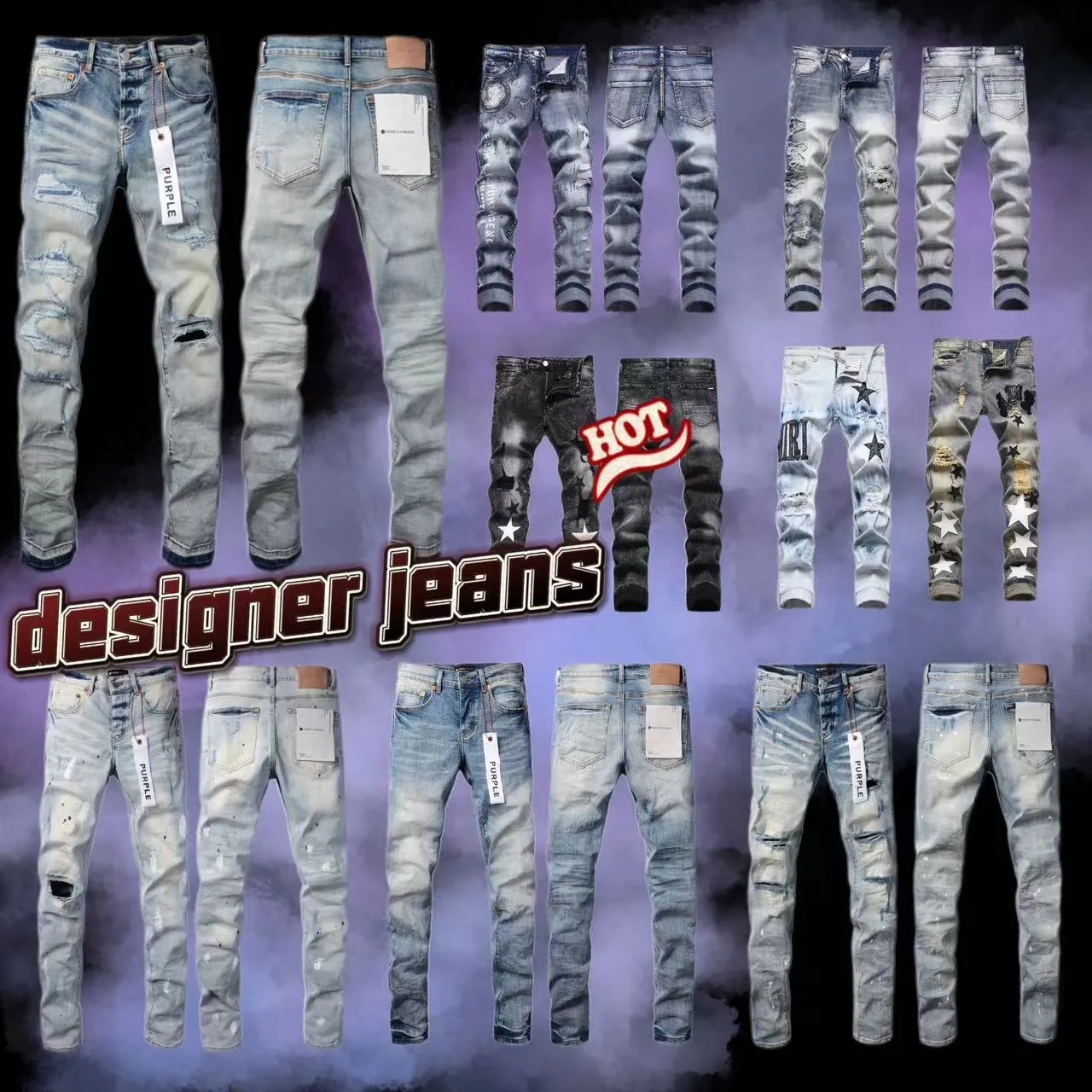 Purple Jeans Designer Men Knee-length Skinny Straight Ripped High