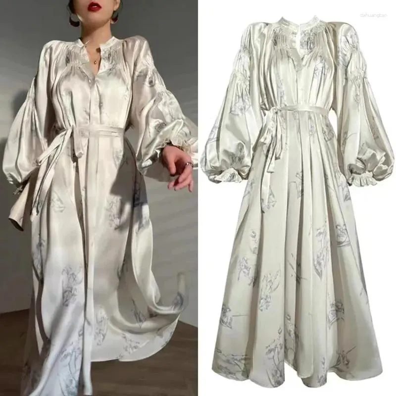 Casual Dresses French Designer Spring Satin Lantern Sleeve Long Dress Elegant Women V Neck Flower Printed Belt Loose One Piece Holiday