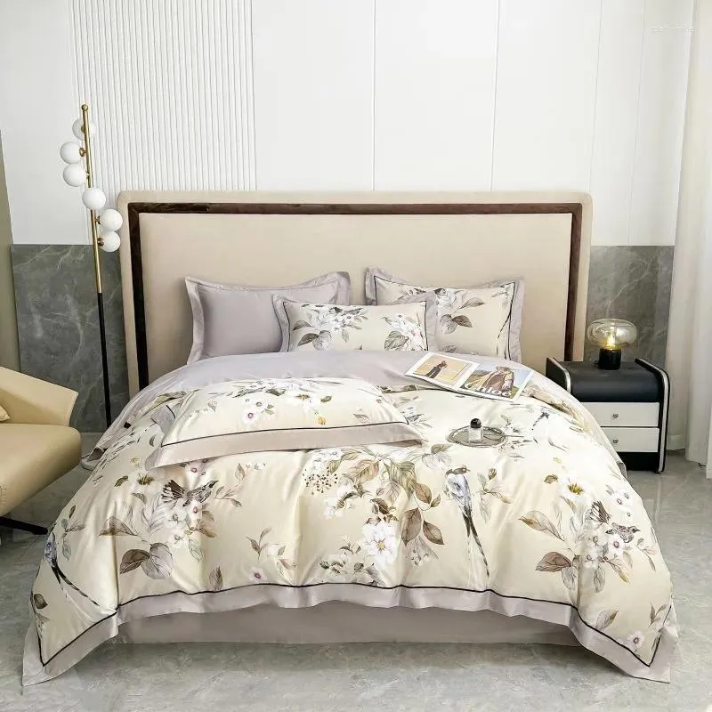 Sängkläder sätter Botanical Leaves Bird Garden 4st Däcke Cover Set Egyptian Cotton 1000TC Classic med 1bed Sheet 2Pillowcases