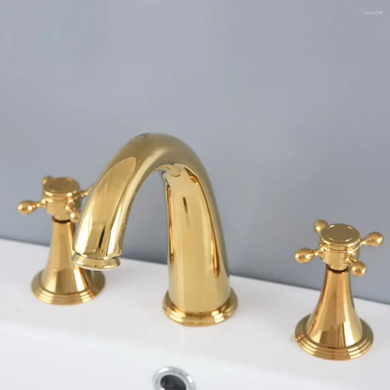Badrumsvaskar kranar polerade guldfärg mässing däck monterade dubbla handtag utbredda 3 hål bassäng kran blandare vatten tappar mnf991