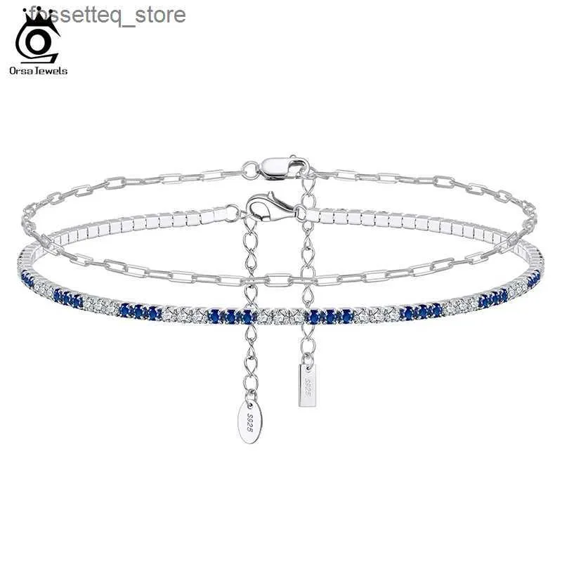 Anklets Orsa Jewels 925 Sterling Silver Perclip Blue Clear Tennis Chain Anklet For Women Foot Ankle Strs sieraden SSA01 L46