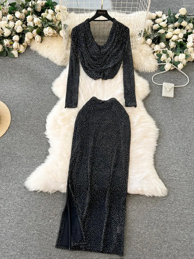 Sexy Womens 2-Piece Skirt Set - Elegant V-Neck Dress Suit, See-Through Top,  High Waist Skirt, Black Diamond Accents, Spring/Autumn from Dhgate Work  Dresses - price 54.02