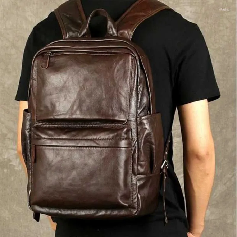 Backpack Highend Vintage A4 Roomy Coffee Black Brown Genuine Leather 15.6'' Laptop Women Men Male Travel Bag M9041