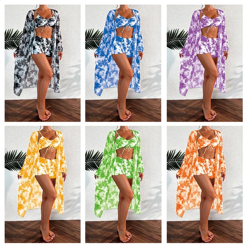 6 Color Bikini 3 pièces Set Tiedye Art Printing Sexy High Waited Bched Massuit à manches longues Couverture à manches longues 2024 Beachwear 240322