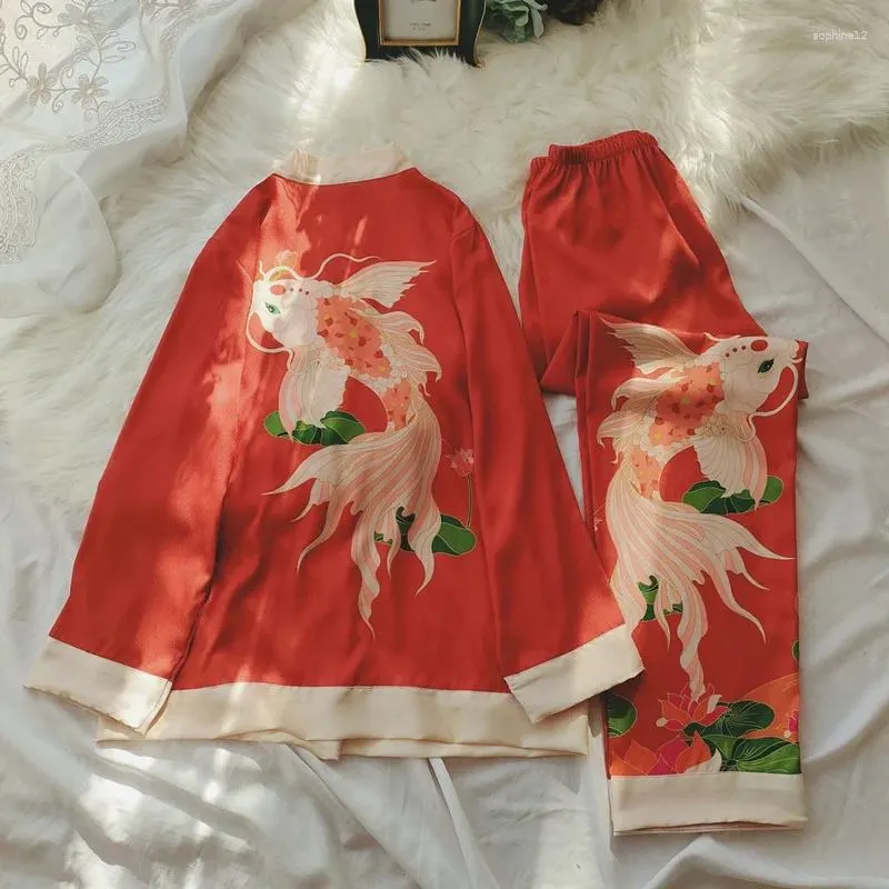 Home Clothing Red Koi Carp Clothes Wedding Bride Sleepwear 2Pcs Loungewear Long Sleeve Pyjamas Suit Animal Year Gift Casual Nightwear