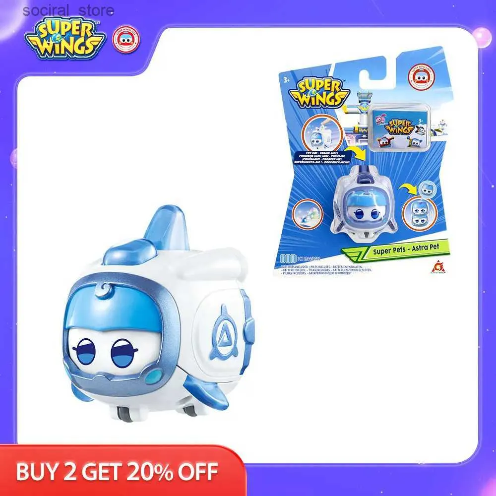 Action Toy Figures Super Wings Super Pet Empilable Astra Leo Sunny Transforming Change Expressions avec lumières Figures d'action Anime Kid Toys Gift L240402