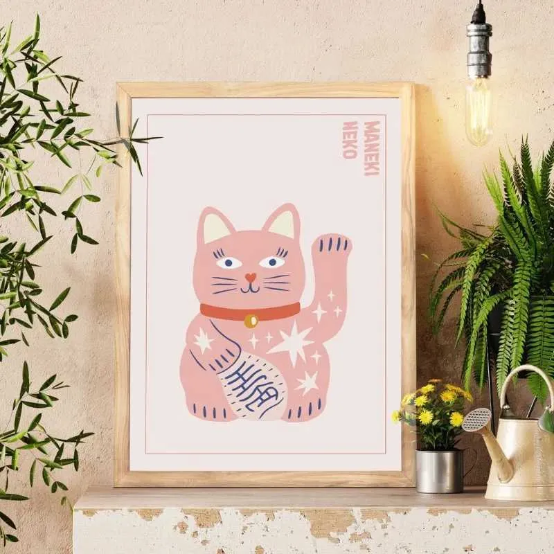 Lucky Cat Maneki Neko Japanese Canvas Print Retro Japanese Art Prints ...
