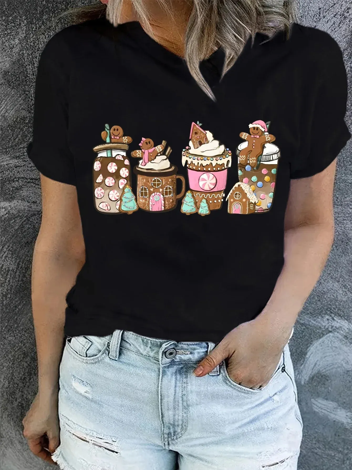 Women's Christmas Graphic Print Short Sleeve T-Shirt - Casual Crew Neck Tee - View #5