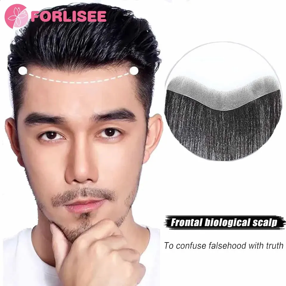 Pour les cheveux capillaires sans couture sans secoue de perruque pour hommes pour hommes front réel bnvisible ACALP M-Shaped Freead Bangs 240403