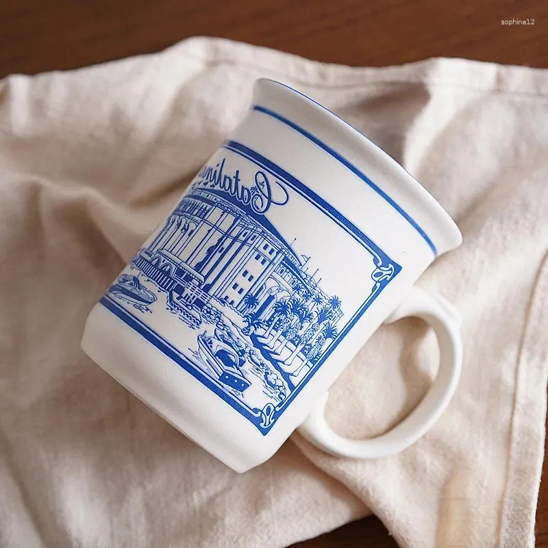 Mugs Blue European And American Relief Architecture Ceramic Personality Afternoon Tea Coffee Cup Breakfast Mug Retro Style