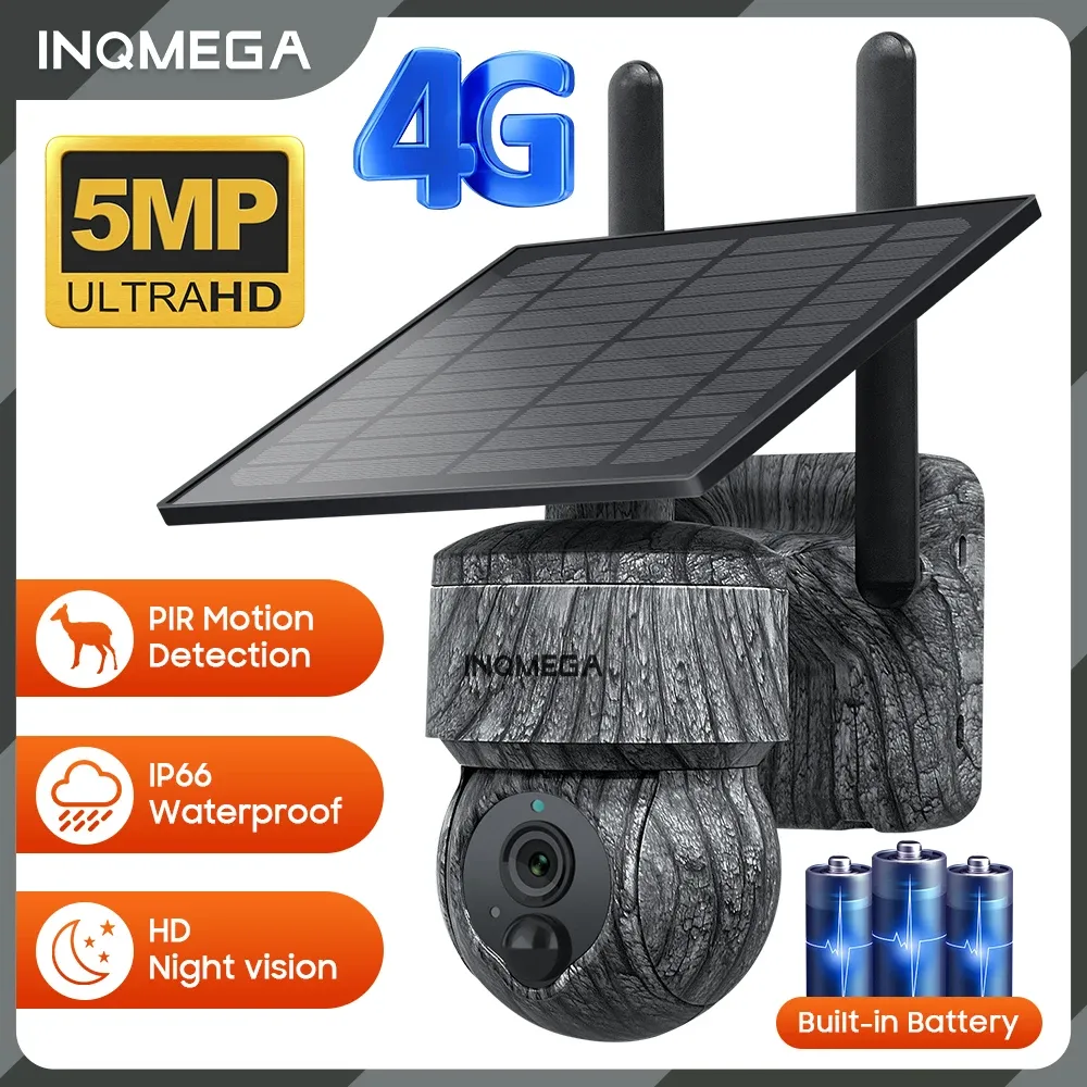 Camera's inqmega 5mp 4mp wifi draadloze PTZ Solar Camera 4G SIM met zonnepaneel Two Way Audio Beveiligingsbeveiliging CCTV Camera Batterij Cam