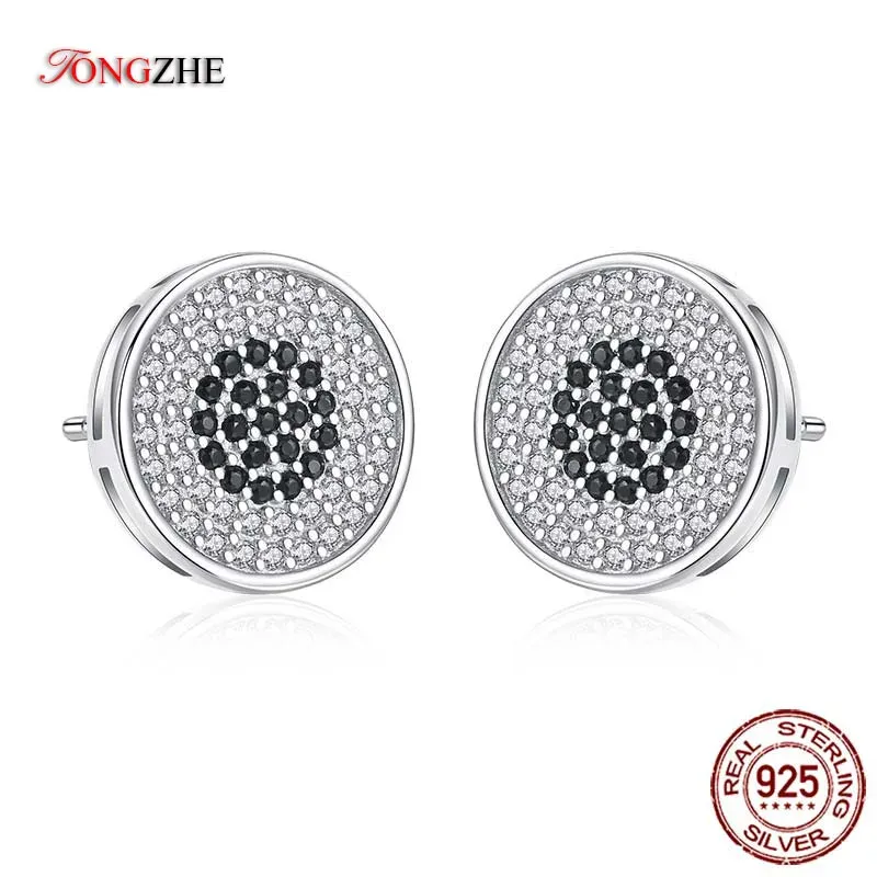 Rings TONGZHE Women Men 100% 925 Sterling Silver Round Stud Earrings Black CZ Enamel With Clear CZ Wedding Jewelry Wholesale KLTE080