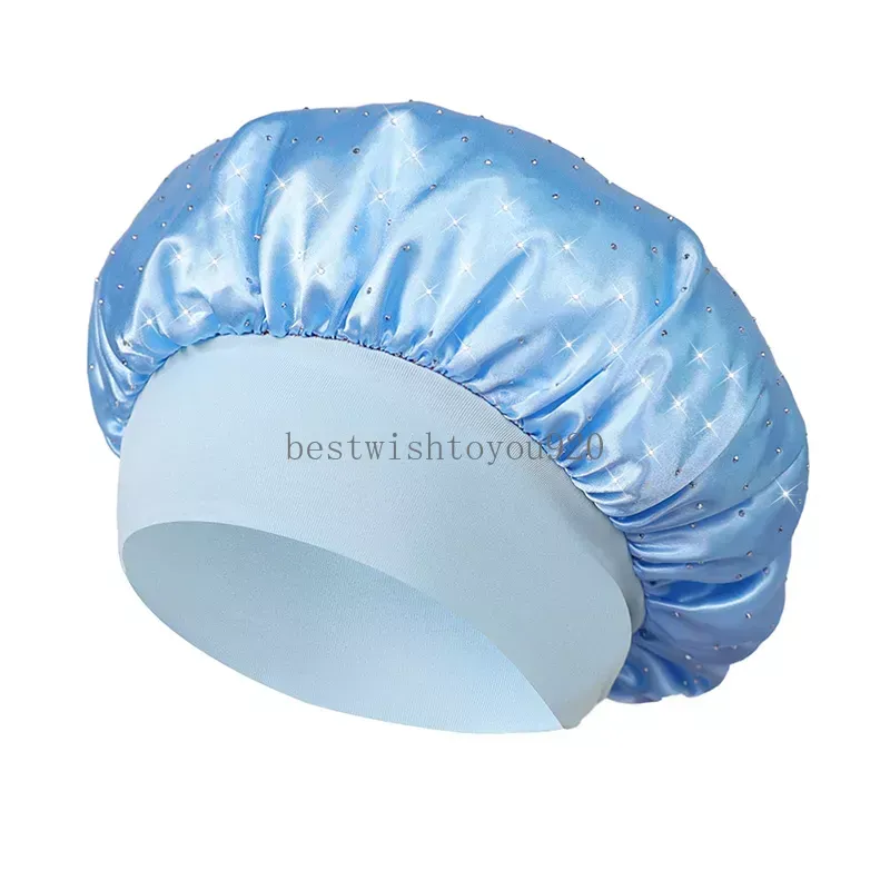 Solid Color Satin Wide Band Crystal Night Hat For Women Lady Elastic Sleep Caps Bonnet Hair Care Bath Fashion Accessories