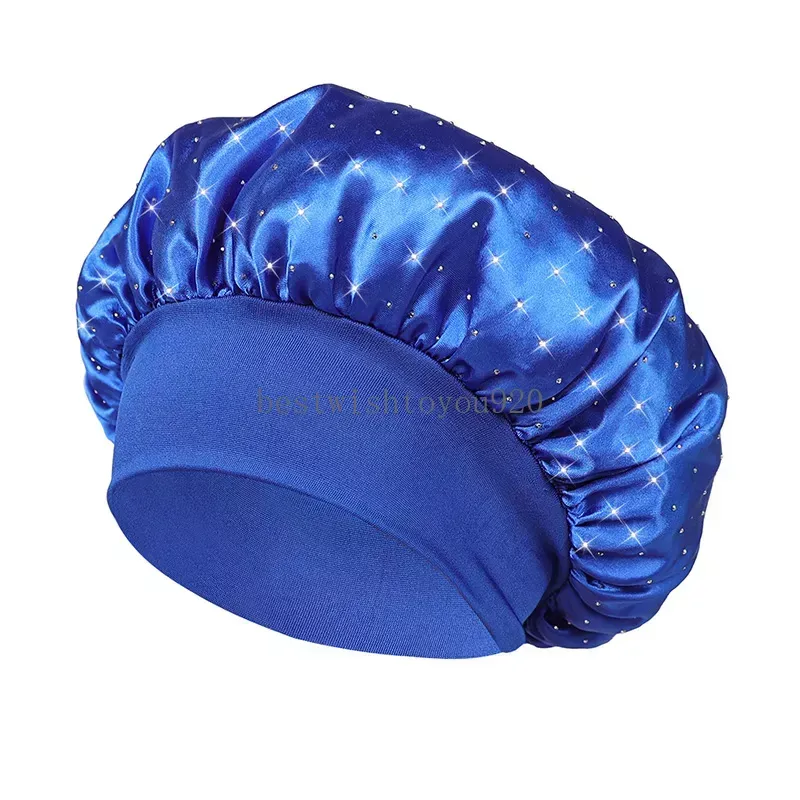 Solid Color Satin Wide Band Crystal Night Hat For Women Lady Elastic Sleep Caps Bonnet Hair Care Bath Fashion Accessories