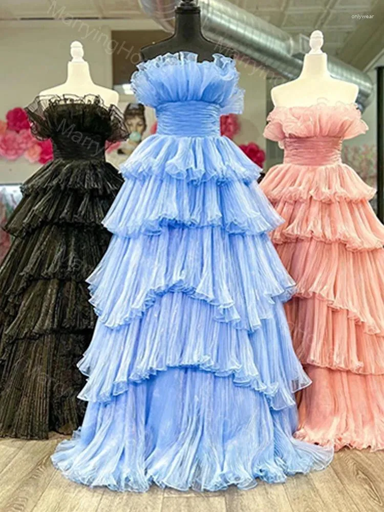 Party Dresses Strapless Ruffles Prom Dress For Women Long Tiered Tulle Ball Gown Princess Formal Evening Gowns A Line Cocktail MH883