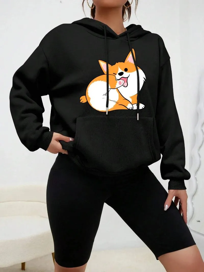 Kvinnors hoodies Naughty Shiba Dog Printing Pocket Casual Sweatshirt Bekväm mode Kvinna Pullover Women Streetwear Hip Hop Fleece