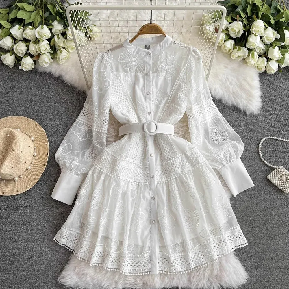 Save Big on Bulk Womens Basic Dresses Women Basic Casual Dresses Fashion  Ladies Embroidered Flower Dress Women's Stand Collar Lantern Sleeve Elegant 