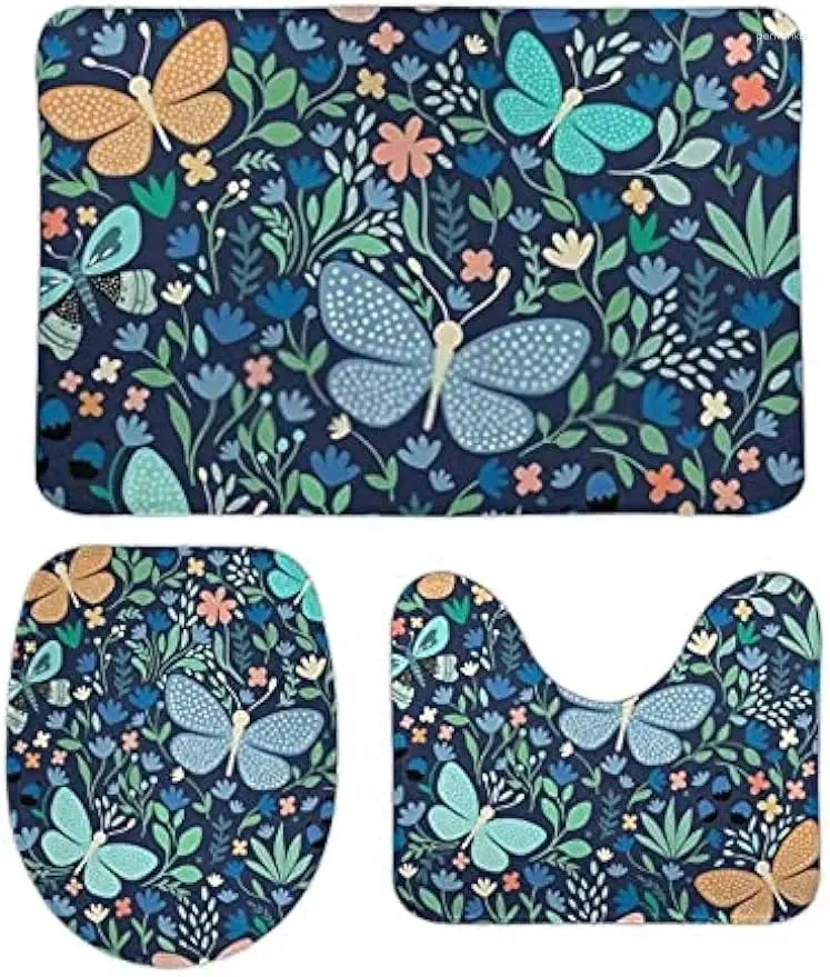 Badmatten farbenfrohe Schmetterlinge mit Blumen 3 Stücke Badezimmer Teppich Sets U-Form Contour Matte Toilettendeckel Abdeckung Nicht-Slip