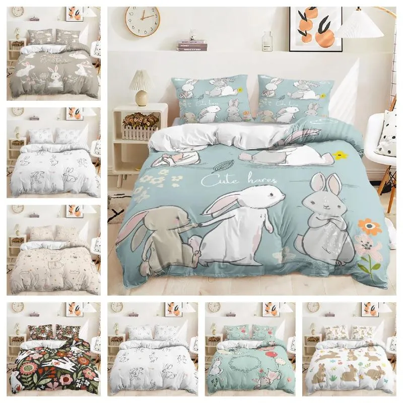 Set di biancheria da letto 3d carino rabiit illustrazione a tre pezzi illustrazione di copertura per trapunta cartone animato set di lusso