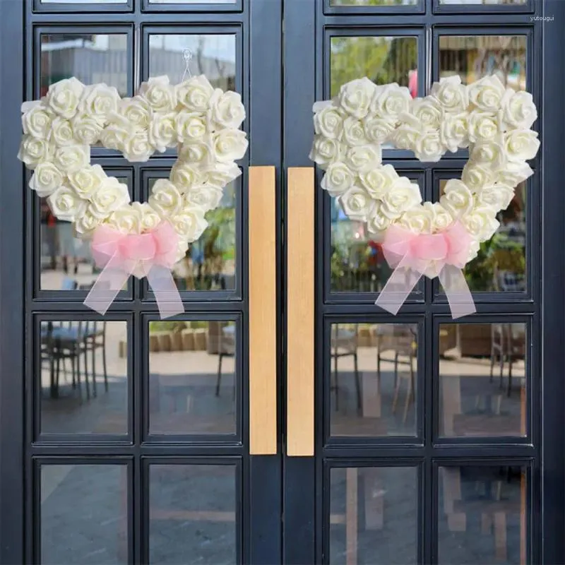 Flores decorativas Flor de rosa Flor realista com nó de arco para festa de casamento amor coração Garland artificial Decoração da porta da frente 3