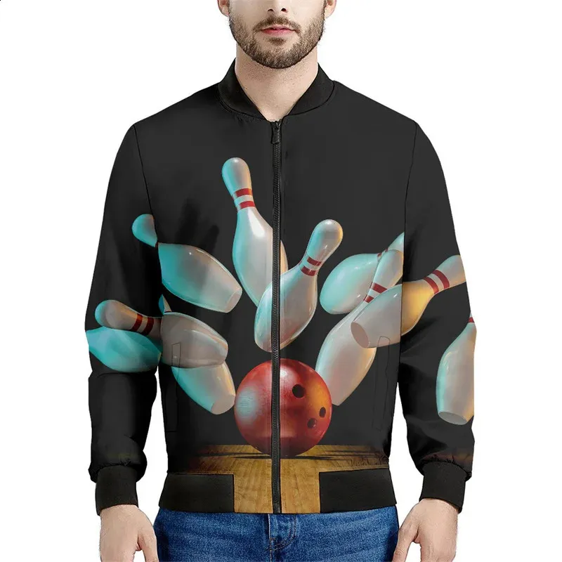 Fashion Bowling 3D Printed Jackets Männer Sport Frühling Autumn Loose Sweatshirt Coole Street Casual Bomber Reißverschluss UP Jacke Tops Mantel 240327