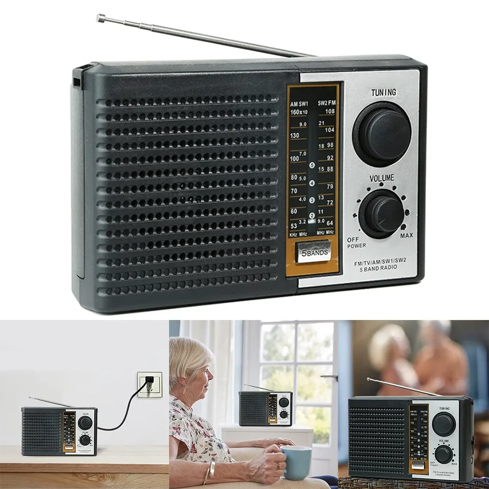 Radio Portable tranzystor radia AM FM Radio Bateria obsługiwana Full 5 -Base Radio Słuchawki Gniazdo dużego głośnika AM/FM/TV/SW1/SW2 dla seniorów