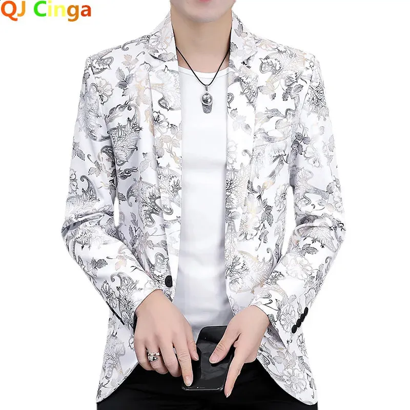 Gold Print Blazer Men Korean Trend Streetwear Mens Ubranie Casual Suit Płaszcz Mężczyzna Slim Fit Blazer Masculino Black White 240329