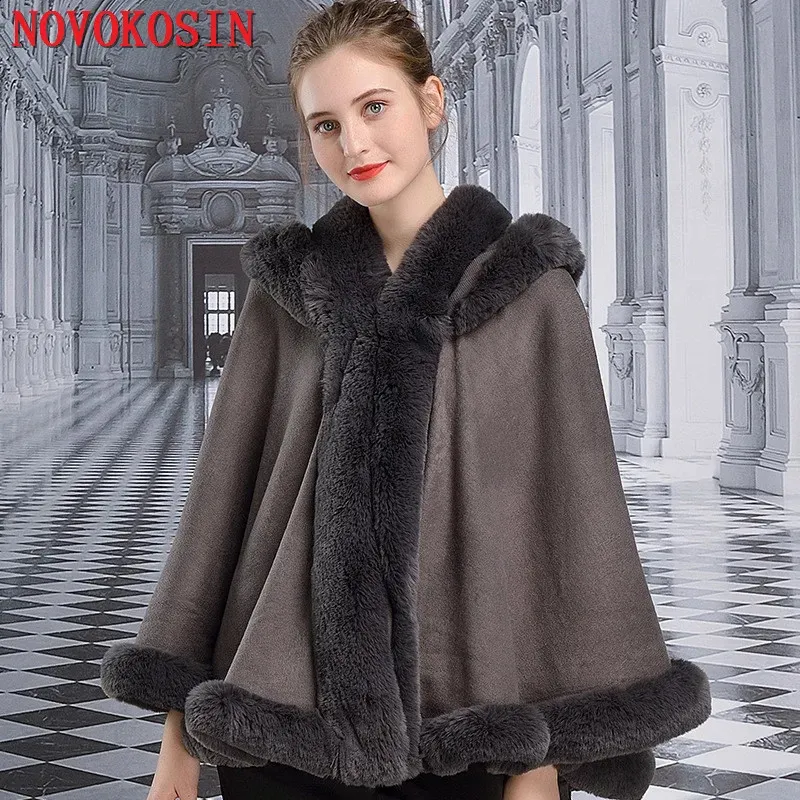 Women Faux Fur Neck Winter Poncho Overcoat Cape Thick Warm