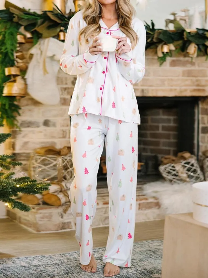 Home Clothing Women Casual Pajamas Sets Long Sleeve Pants Pjs Lounge Ser Sleepwear Holiday Printed Nightwear