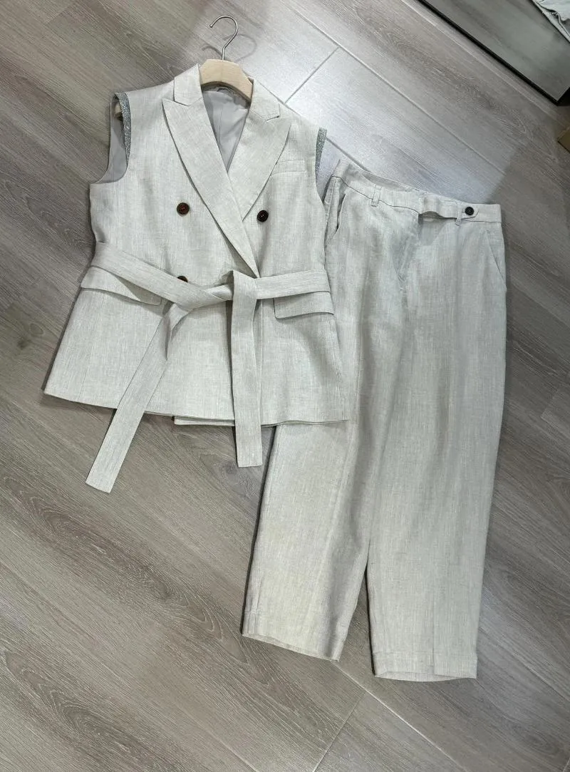 Women's Two Piece Pants Spring And Summer Cotton Linen Fabric Vest Suit Set Fashion Office