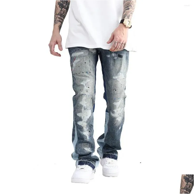 Herren Jeans Herren Blue Le Tinte Wäsche zerstörte ausgestellte Jean Hosen Hip Hop Iti Ripped Denim für Männer Streetwear Vintage Wide Drop liefern Dh7f2