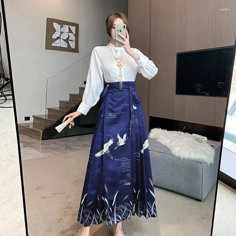 Vestidos casuais w4m azul estilo chinês hanfu skirt havalia outono fêmea fêmea 2024 vestido de topo pequeno