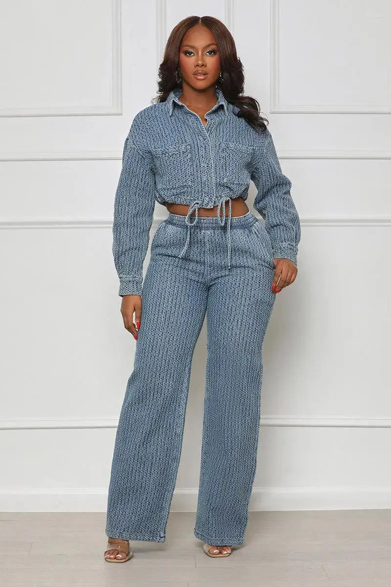 Kvinnors tvåbitar byxor jeans outfit set sexiga kvinnliga bitar denim casual matchande toppbyxor